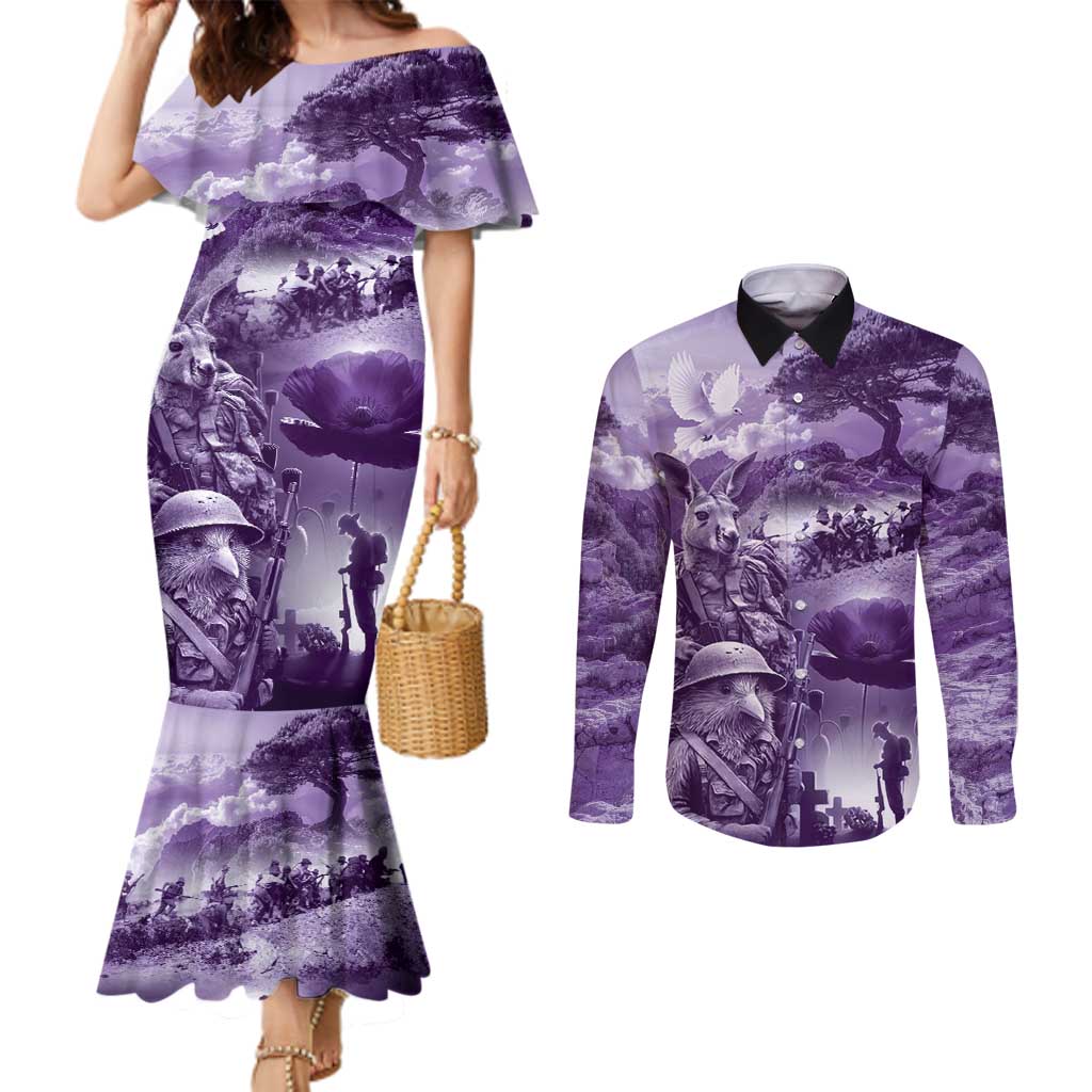 Purple ANZAC Day The Battle of Lone Pine Couples Matching Mermaid Dress and Long Sleeve Button Shirt Kiwi-Kangaroo Soldier Lest We Forget LT9 Purple - Polynesian Pride