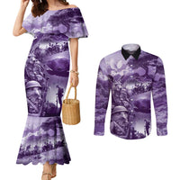 Purple ANZAC Day The Battle of Lone Pine Couples Matching Mermaid Dress and Long Sleeve Button Shirt Kiwi-Kangaroo Soldier Lest We Forget LT9 Purple - Polynesian Pride