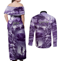Purple ANZAC Day The Battle of Lone Pine Couples Matching Off Shoulder Maxi Dress and Long Sleeve Button Shirt Kiwi-Kangaroo Soldier Lest We Forget LT9 - Polynesian Pride