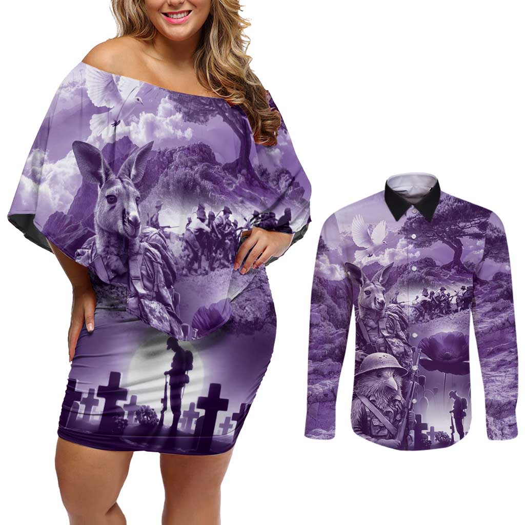 Purple ANZAC Day The Battle of Lone Pine Couples Matching Off Shoulder Short Dress and Long Sleeve Button Shirt Kiwi-Kangaroo Soldier Lest We Forget LT9 Purple - Polynesian Pride