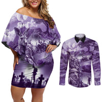 Purple ANZAC Day The Battle of Lone Pine Couples Matching Off Shoulder Short Dress and Long Sleeve Button Shirt Kiwi-Kangaroo Soldier Lest We Forget LT9 Purple - Polynesian Pride