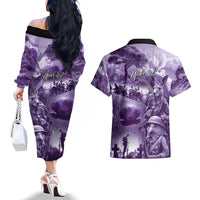 Purple ANZAC Day The Battle of Lone Pine Couples Matching Off The Shoulder Long Sleeve Dress and Hawaiian Shirt Kiwi-Kangaroo Soldier Lest We Forget LT9 - Polynesian Pride
