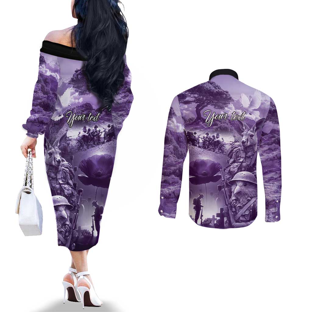Purple ANZAC Day The Battle of Lone Pine Couples Matching Off The Shoulder Long Sleeve Dress and Long Sleeve Button Shirt Kiwi-Kangaroo Soldier Lest We Forget LT9 - Polynesian Pride