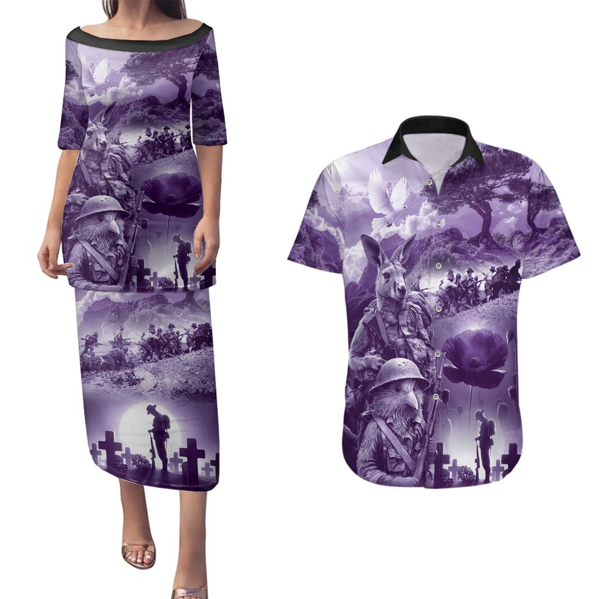 Purple ANZAC Day The Battle of Lone Pine Couples Matching Puletasi and Hawaiian Shirt Kiwi-Kangaroo Soldier Lest We Forget LT9 Purple - Polynesian Pride