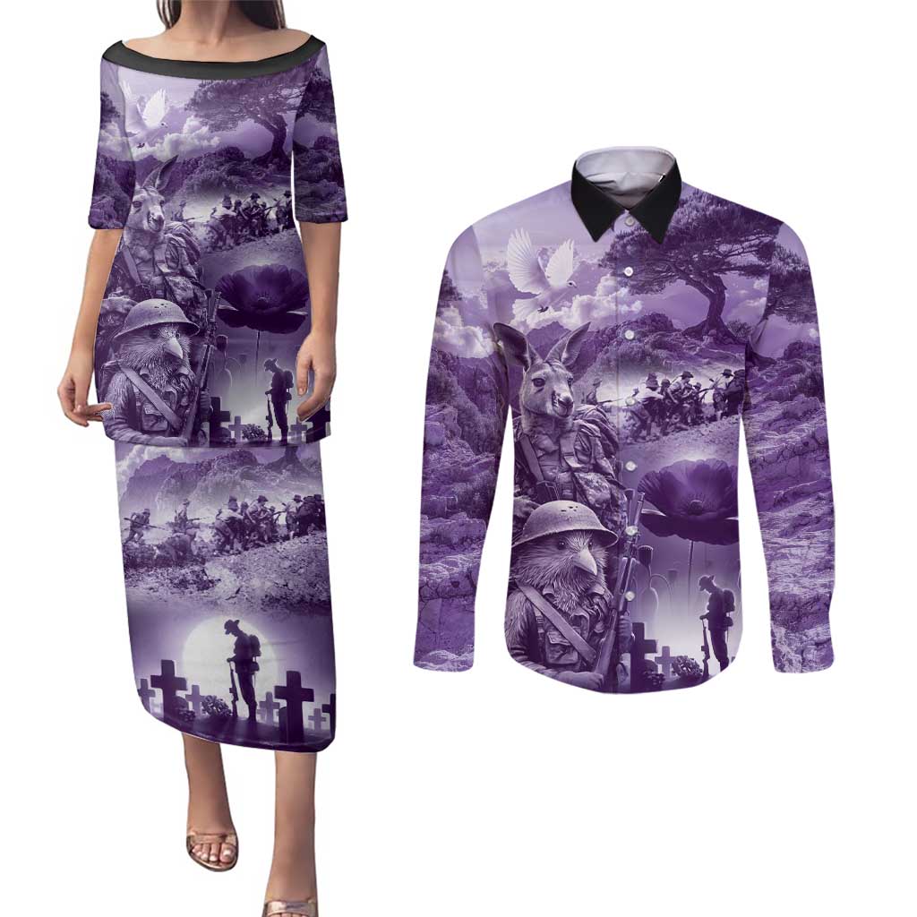 Purple ANZAC Day The Battle of Lone Pine Couples Matching Puletasi and Long Sleeve Button Shirt Kiwi-Kangaroo Soldier Lest We Forget LT9 Purple - Polynesian Pride