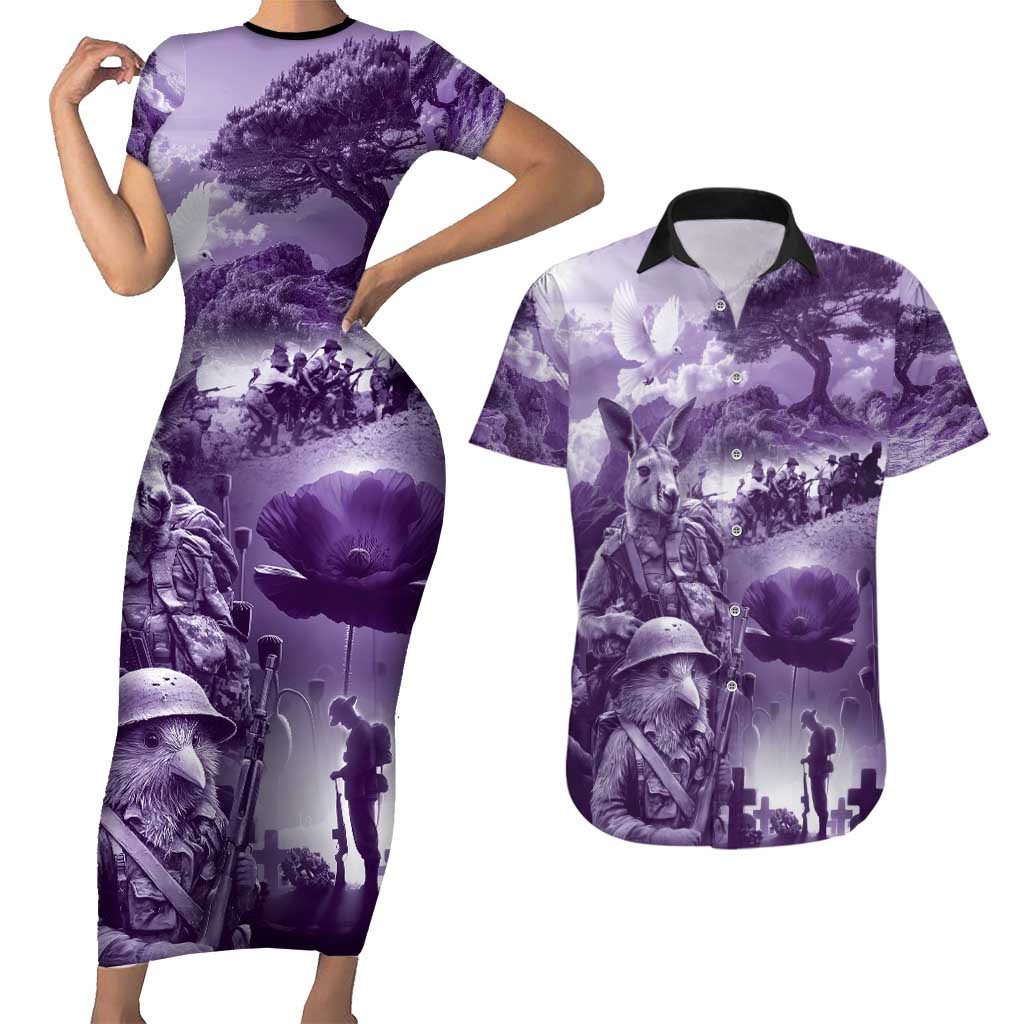 Purple ANZAC Day The Battle of Lone Pine Couples Matching Short Sleeve Bodycon Dress and Hawaiian Shirt Kiwi-Kangaroo Soldier Lest We Forget LT9 Purple - Polynesian Pride