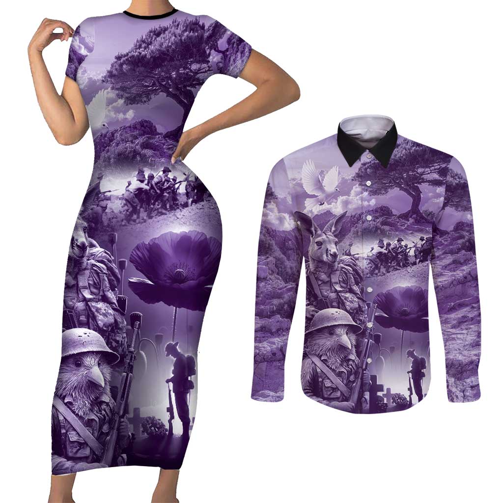 Purple ANZAC Day The Battle of Lone Pine Couples Matching Short Sleeve Bodycon Dress and Long Sleeve Button Shirt Kiwi-Kangaroo Soldier Lest We Forget LT9 Purple - Polynesian Pride