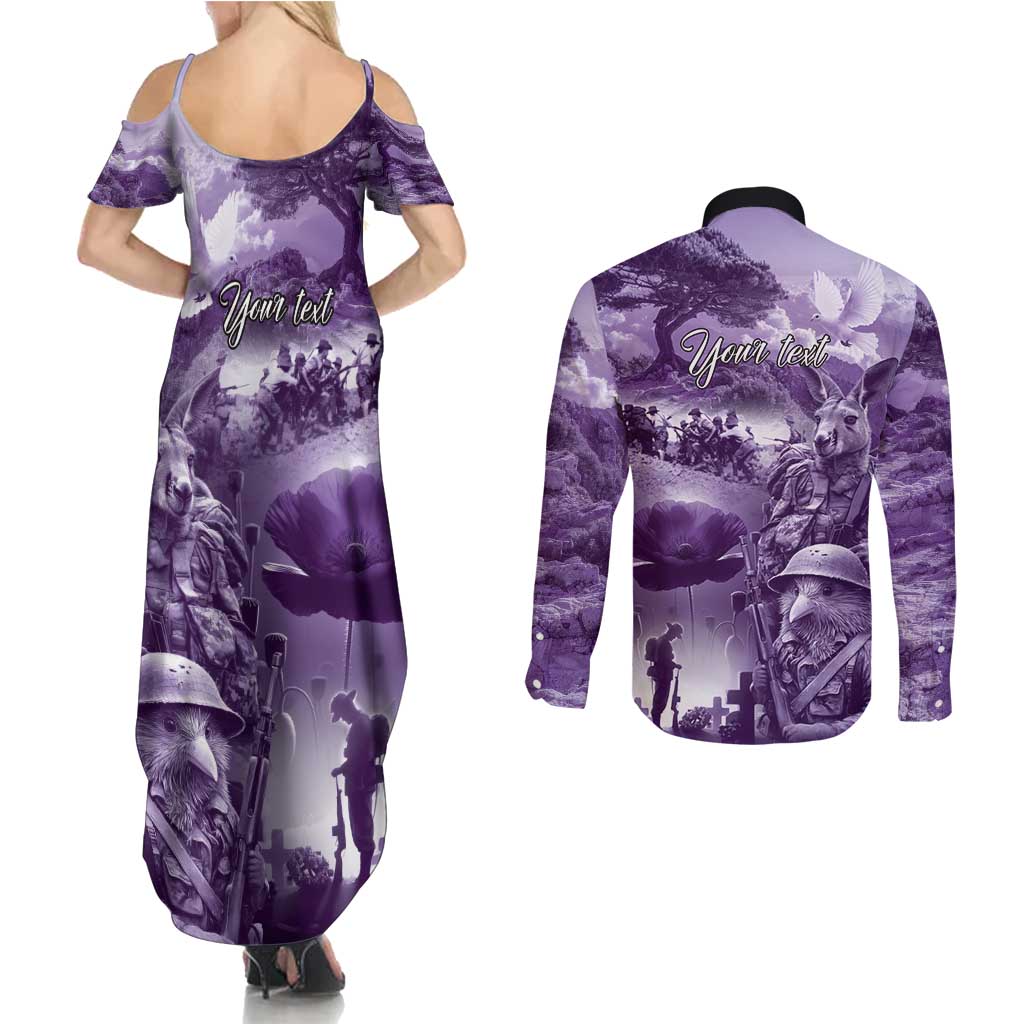 Purple ANZAC Day The Battle of Lone Pine Couples Matching Summer Maxi Dress and Long Sleeve Button Shirt Kiwi-Kangaroo Soldier Lest We Forget LT9 - Polynesian Pride