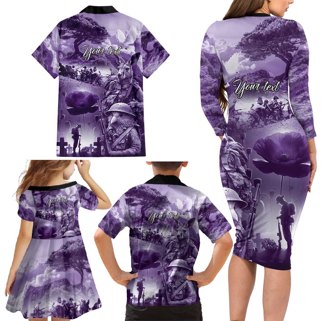 Purple ANZAC Day The Battle of Lone Pine Family Matching Long Sleeve Bodycon Dress and Hawaiian Shirt Kiwi-Kangaroo Soldier Lest We Forget LT9 - Polynesian Pride