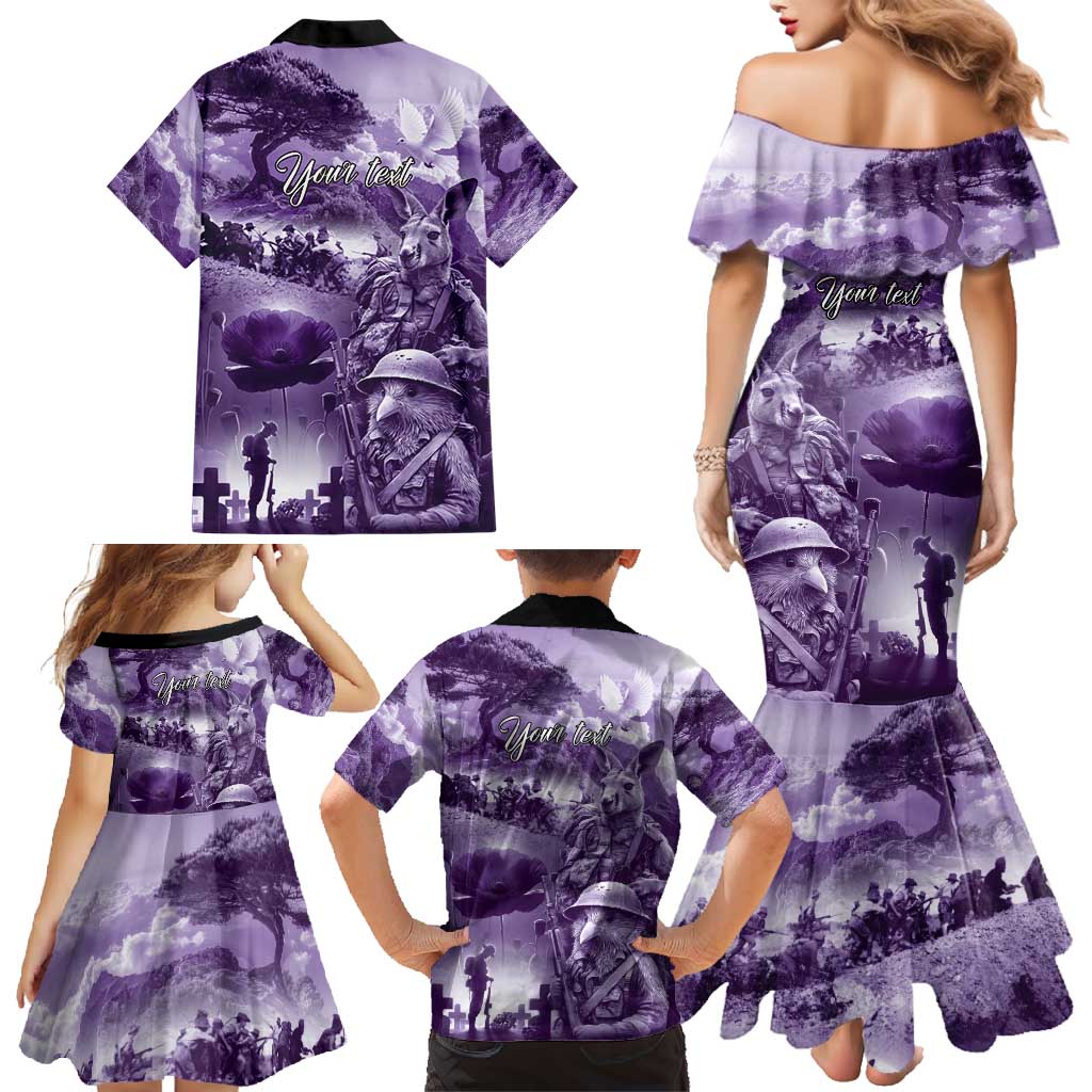 Purple ANZAC Day The Battle of Lone Pine Family Matching Mermaid Dress and Hawaiian Shirt Kiwi-Kangaroo Soldier Lest We Forget LT9 - Polynesian Pride