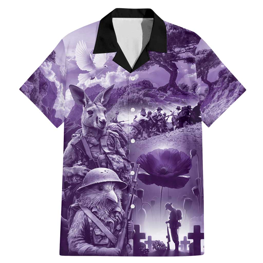 Purple ANZAC Day The Battle of Lone Pine Family Matching Mermaid Dress and Hawaiian Shirt Kiwi-Kangaroo Soldier Lest We Forget LT9 Dad's Shirt - Short Sleeve Purple - Polynesian Pride