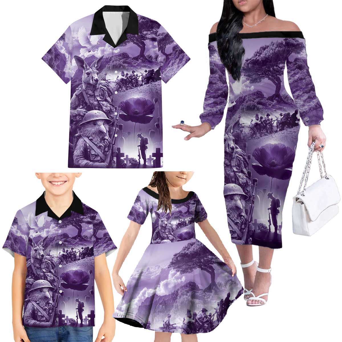 Purple ANZAC Day The Battle of Lone Pine Family Matching Off The Shoulder Long Sleeve Dress and Hawaiian Shirt Kiwi-Kangaroo Soldier Lest We Forget LT9 - Polynesian Pride