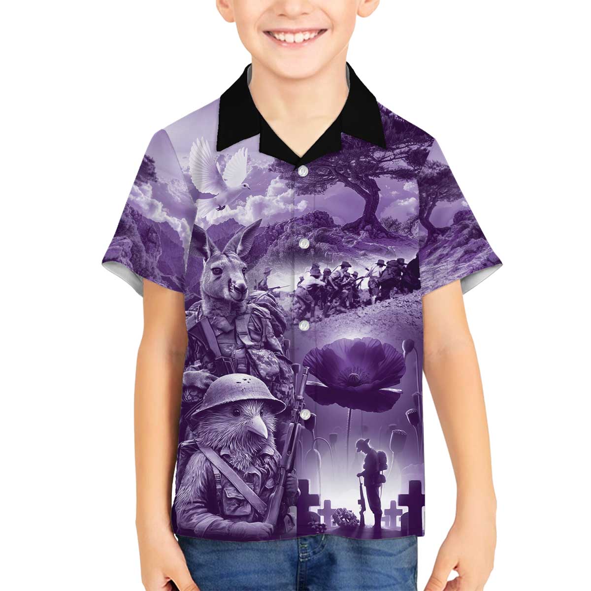 Purple ANZAC Day The Battle of Lone Pine Family Matching Off The Shoulder Long Sleeve Dress and Hawaiian Shirt Kiwi-Kangaroo Soldier Lest We Forget LT9 Son's Shirt Purple - Polynesian Pride