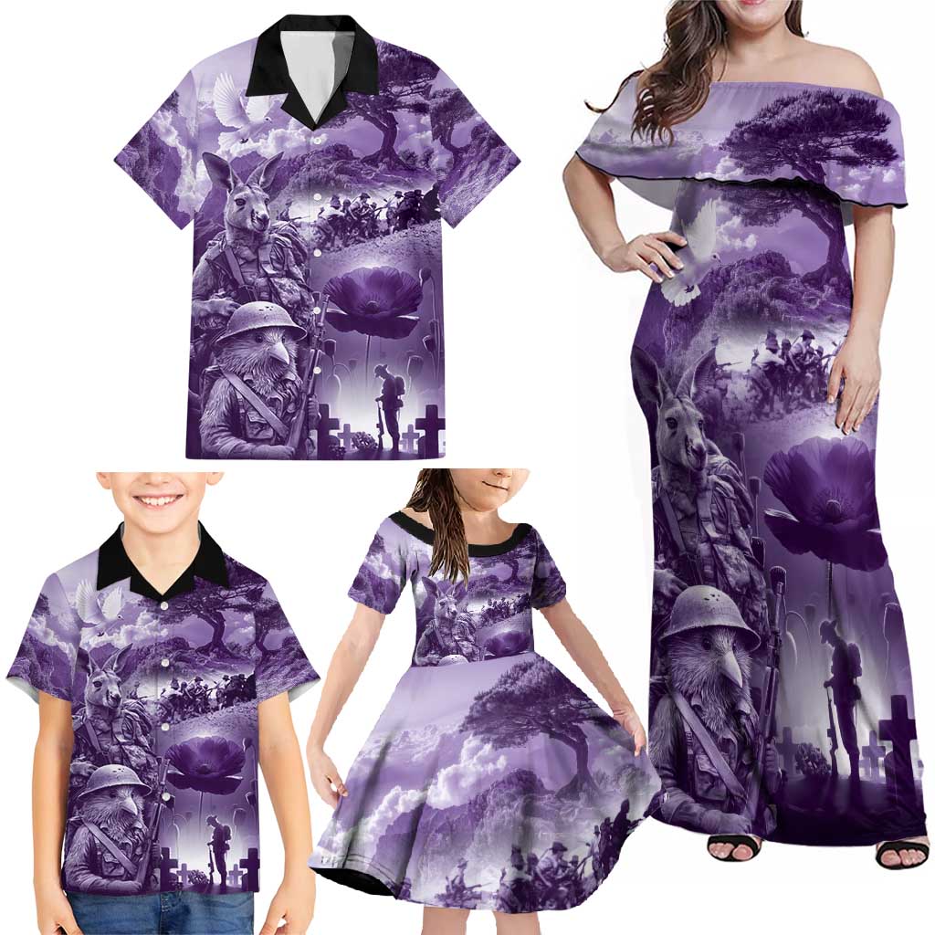 Purple ANZAC Day The Battle of Lone Pine Family Matching Off Shoulder Maxi Dress and Hawaiian Shirt Kiwi-Kangaroo Soldier Lest We Forget LT9 - Polynesian Pride