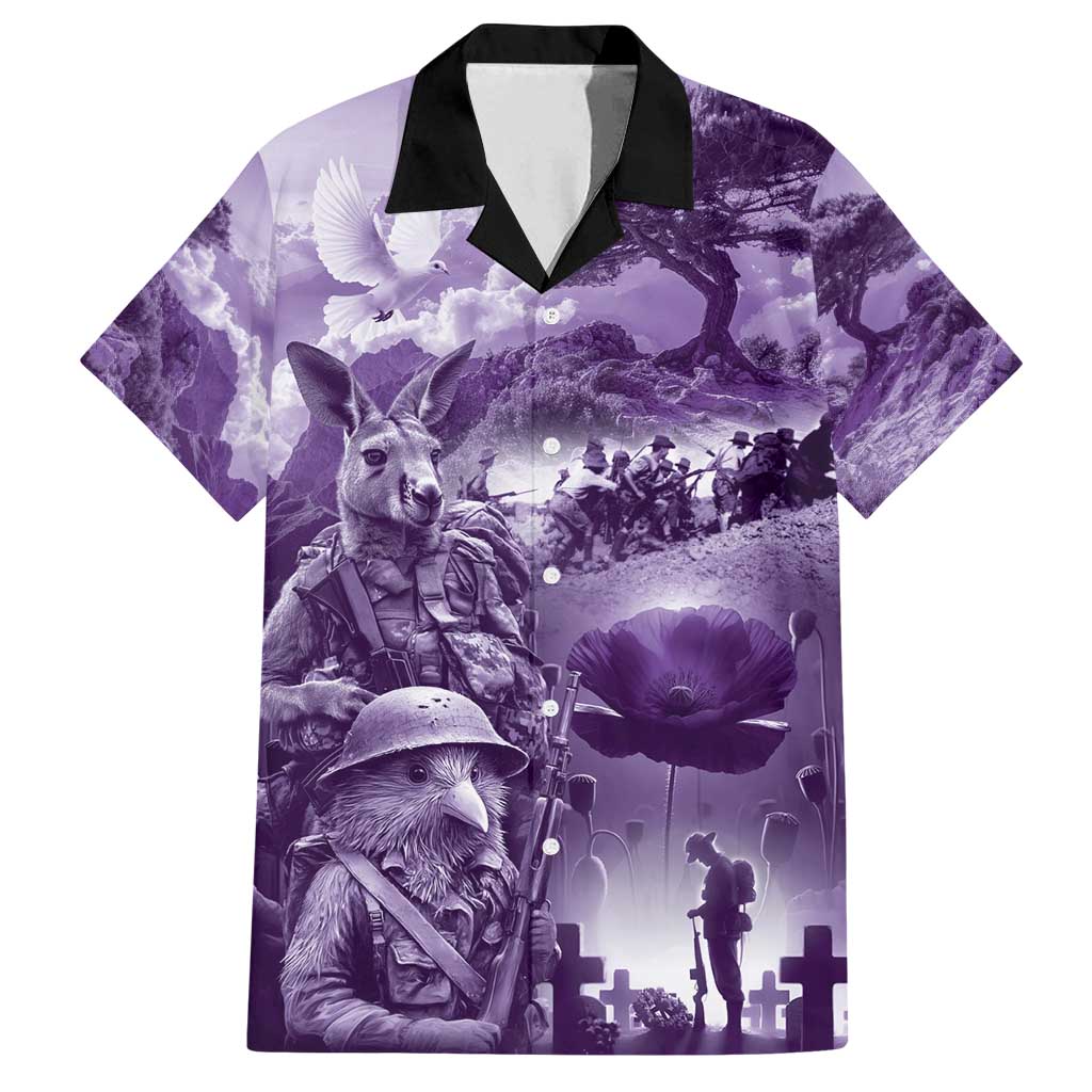Purple ANZAC Day The Battle of Lone Pine Family Matching Off Shoulder Maxi Dress and Hawaiian Shirt Kiwi-Kangaroo Soldier Lest We Forget LT9 Dad's Shirt - Short Sleeve Purple - Polynesian Pride
