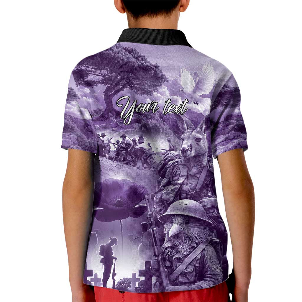 Purple ANZAC Day The Battle of Lone Pine Kid Polo Shirt Kiwi-Kangaroo Soldier Lest We Forget