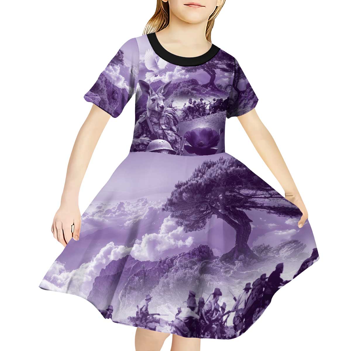 Purple ANZAC Day The Battle of Lone Pine Kid Short Sleeve Dress Kiwi-Kangaroo Soldier Lest We Forget