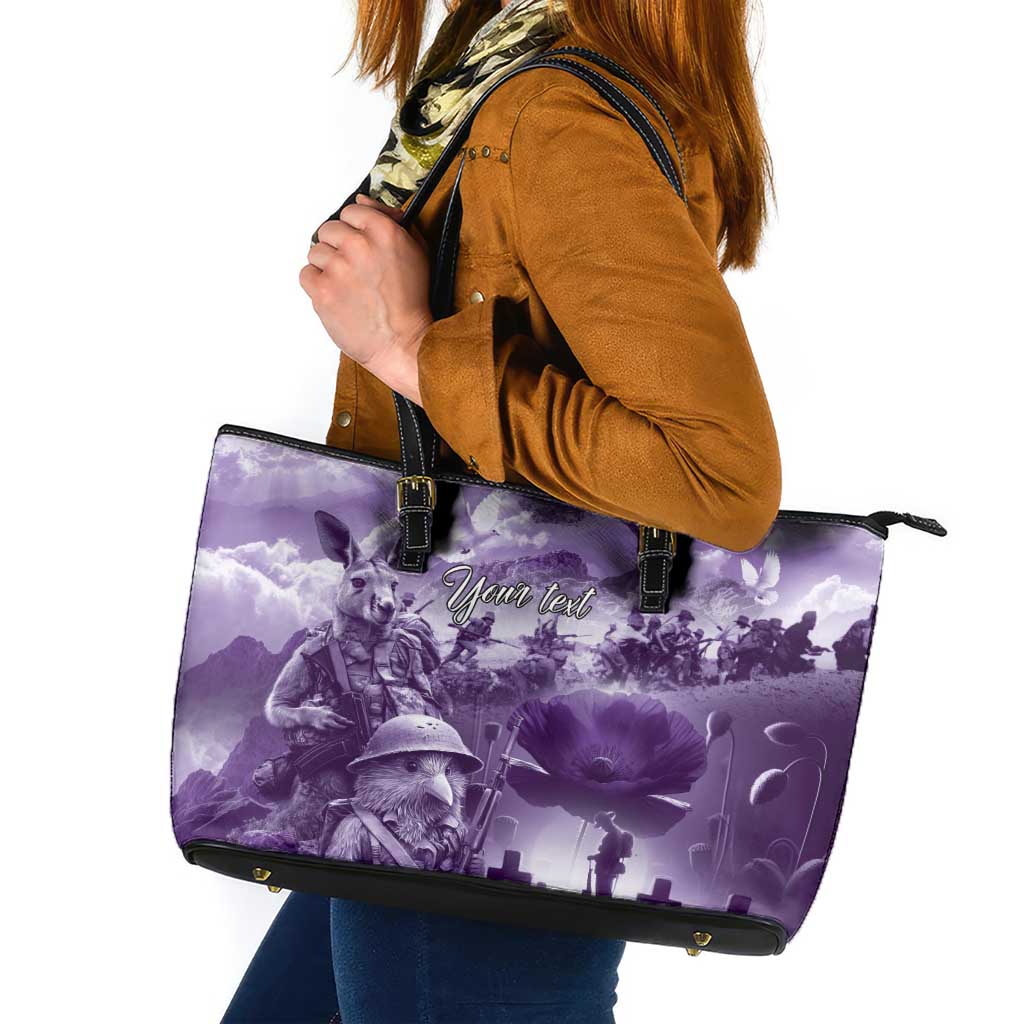 Purple ANZAC Day The Battle of Lone Pine Leather Tote Bag Kiwi-Kangaroo Soldier Lest We Forget