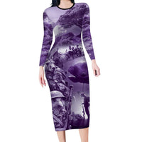 Purple ANZAC Day The Battle of Lone Pine Long Sleeve Bodycon Dress Kiwi-Kangaroo Soldier Lest We Forget LT9 Long Dress Purple - Polynesian Pride