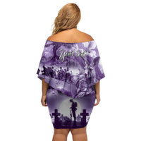 Purple ANZAC Day The Battle of Lone Pine Off Shoulder Short Dress Kiwi-Kangaroo Soldier Lest We Forget