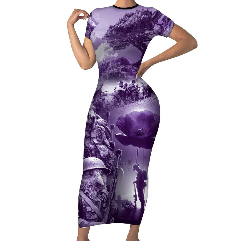 Purple ANZAC Day The Battle of Lone Pine Short Sleeve Bodycon Dress Kiwi-Kangaroo Soldier Lest We Forget