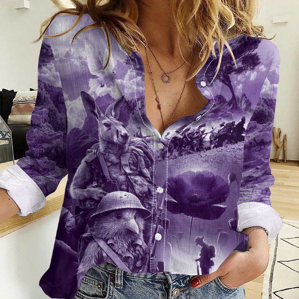 Purple ANZAC Day The Battle of Lone Pine Women Casual Shirt Kiwi-Kangaroo Soldier Lest We Forget LT9 Female Purple - Polynesian Pride