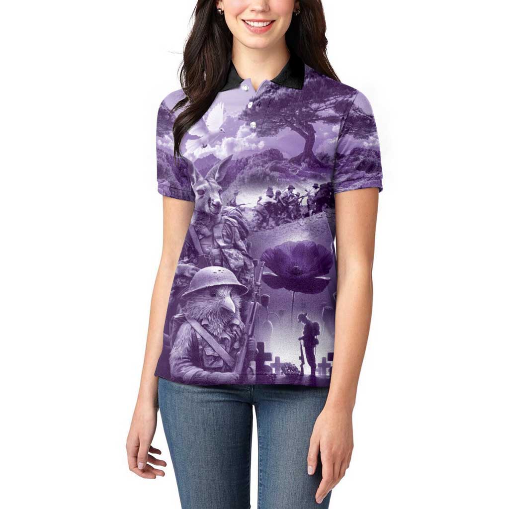 Purple ANZAC Day The Battle of Lone Pine Women Polo Shirt Kiwi-Kangaroo Soldier Lest We Forget LT9 - Polynesian Pride