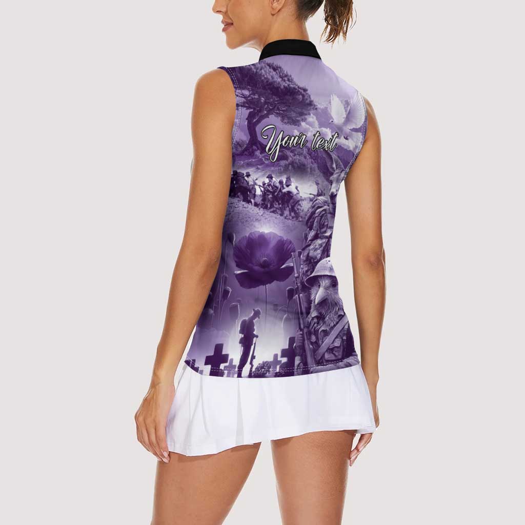 Purple ANZAC Day The Battle of Lone Pine Women Sleeveless Polo Shirt Kiwi-Kangaroo Soldier Lest We Forget