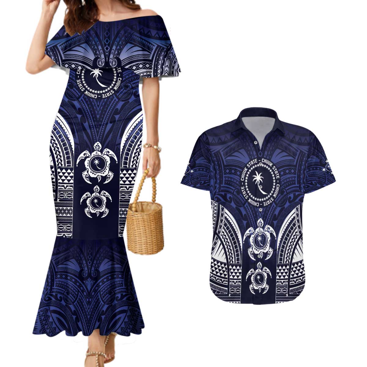FSM Chuuk States Couples Matching Mermaid Dress and Hawaiian Shirt Micronesia Six 9 One Polynesian Tribal Pattern