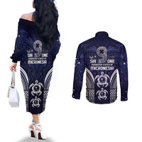 FSM Chuuk States Couples Matching Off The Shoulder Long Sleeve Dress and Long Sleeve Button Shirt Micronesia Six 9 One Polynesian Tribal Pattern