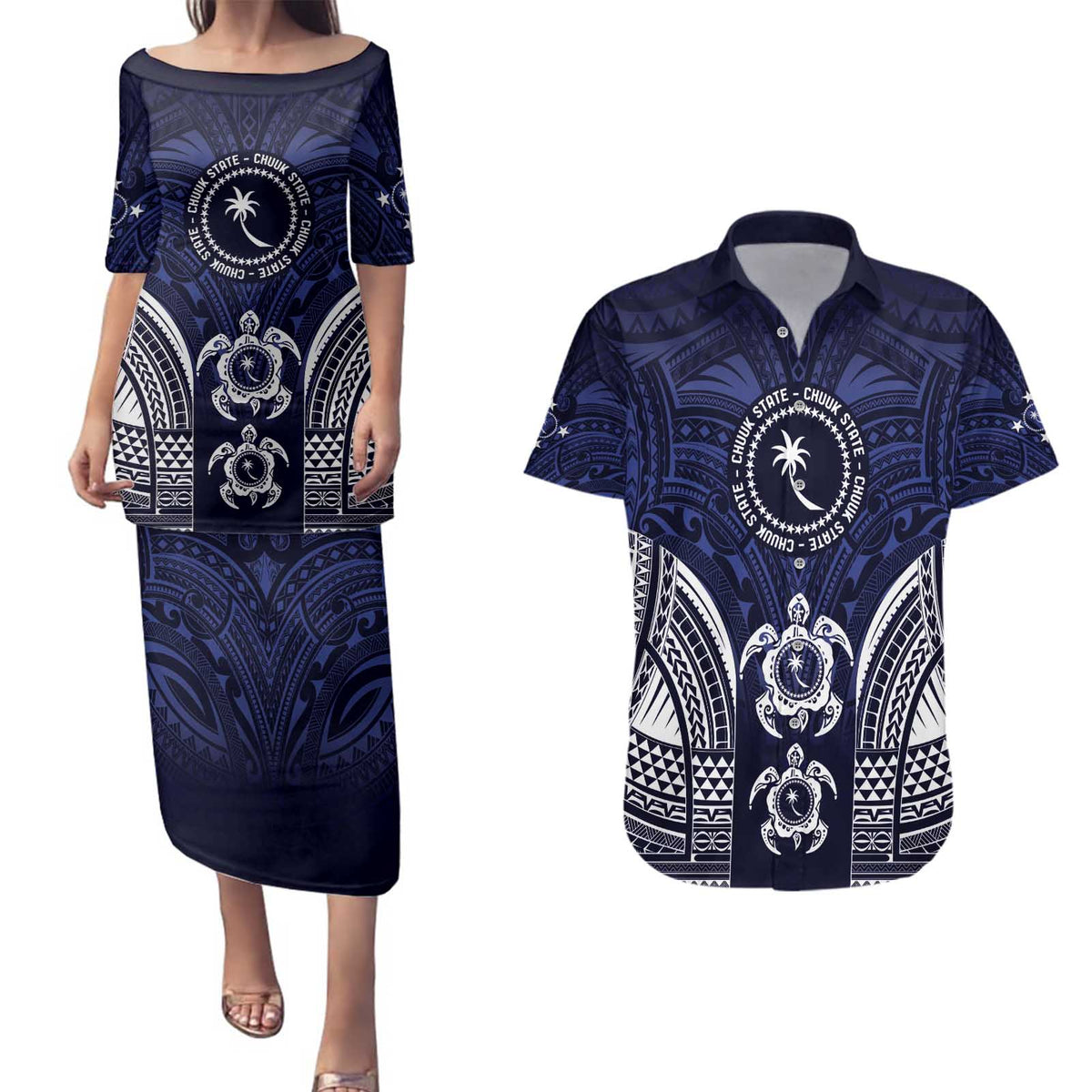 FSM Chuuk States Couples Matching Puletasi and Hawaiian Shirt Micronesia Six 9 One Polynesian Tribal Pattern