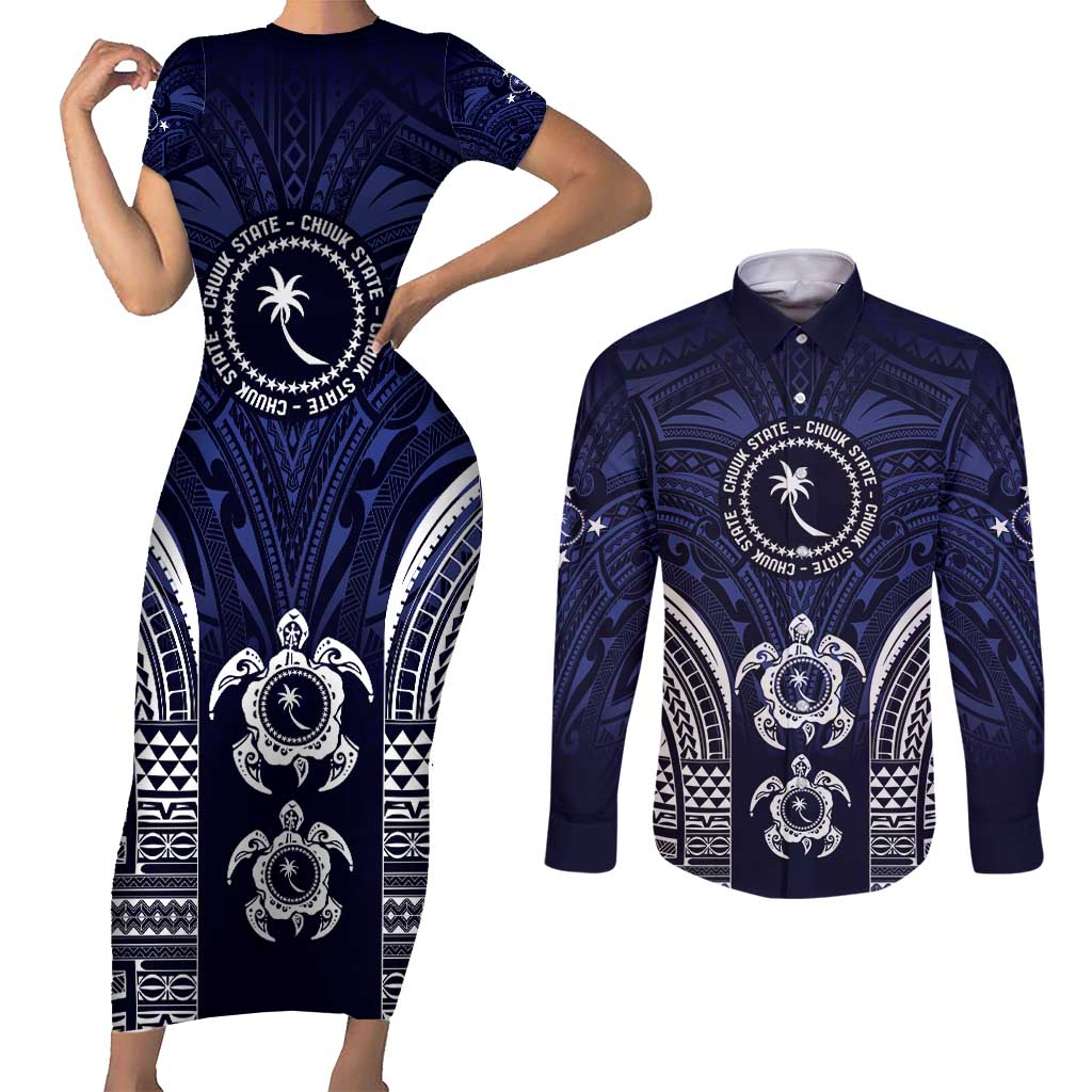 FSM Chuuk States Couples Matching Short Sleeve Bodycon Dress and Long Sleeve Button Shirt Micronesia Six 9 One Polynesian Tribal Pattern