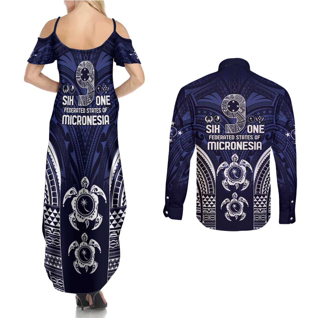FSM Chuuk States Couples Matching Summer Maxi Dress and Long Sleeve Button Shirt Micronesia Six 9 One Polynesian Tribal Pattern