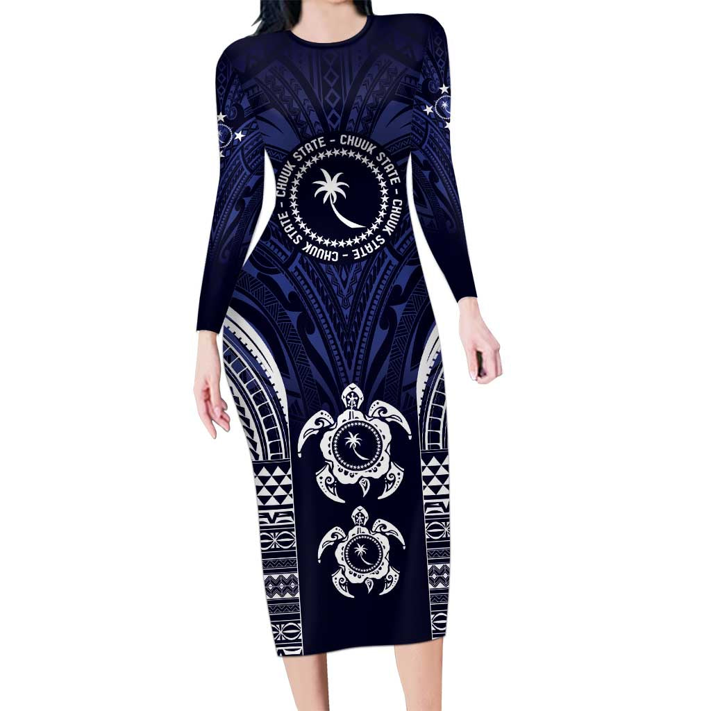 FSM Chuuk States Family Matching Long Sleeve Bodycon Dress and Hawaiian Shirt Micronesia Six 9 One Polynesian Tribal Pattern LT9 Mom's Dress Blue - Polynesian Pride