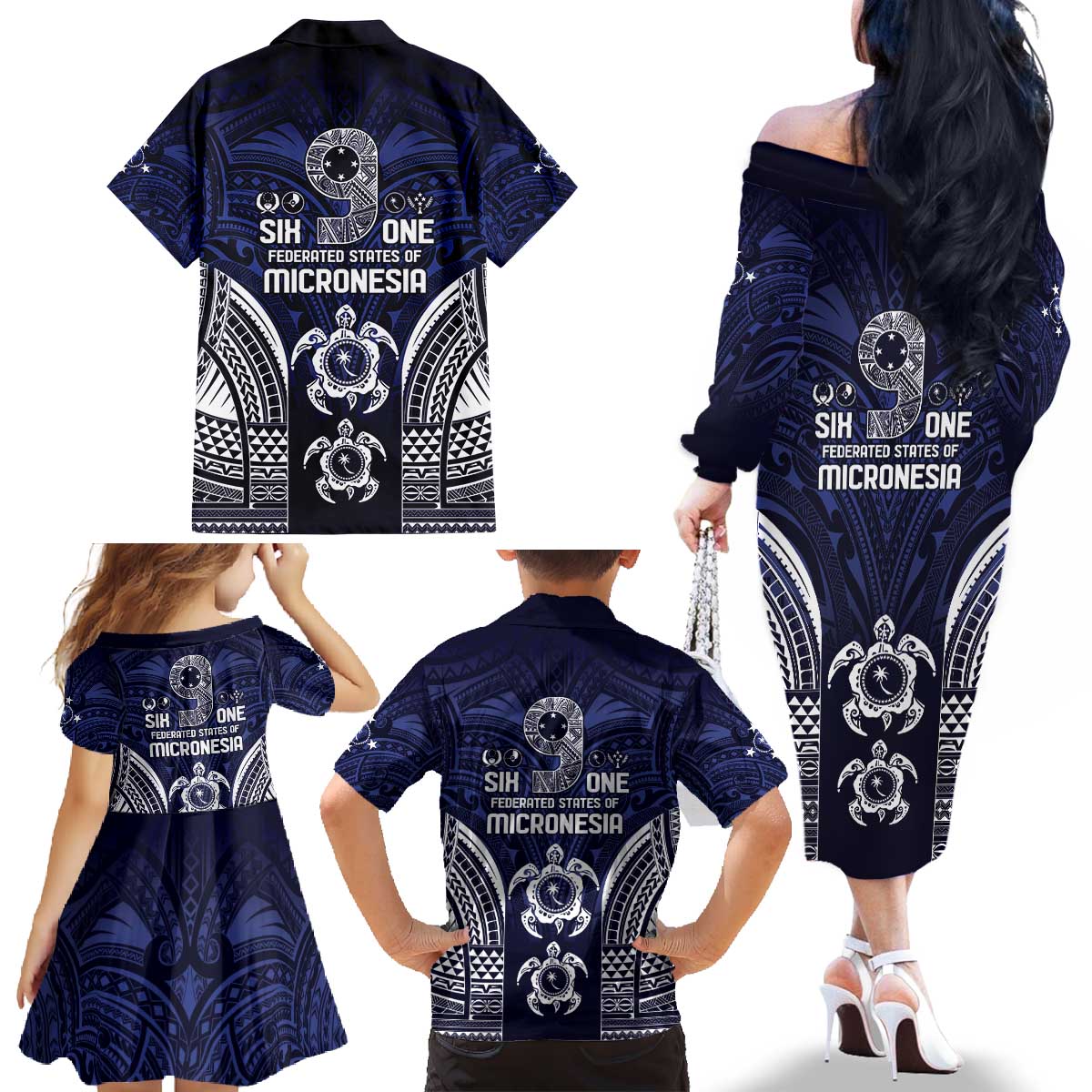 FSM Chuuk States Family Matching Off The Shoulder Long Sleeve Dress and Hawaiian Shirt Micronesia Six 9 One Polynesian Tribal Pattern LT9 - Polynesian Pride
