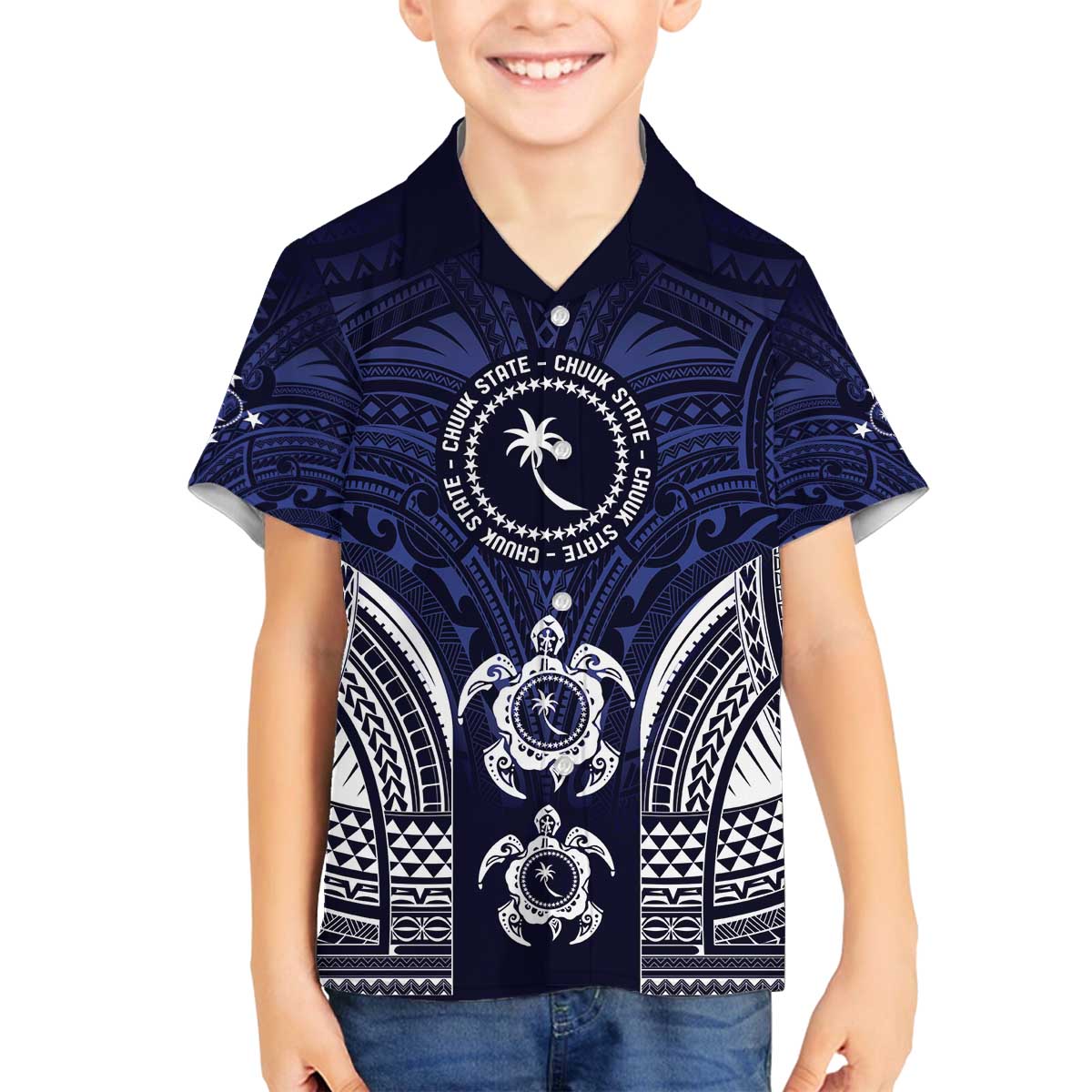 FSM Chuuk States Family Matching Off The Shoulder Long Sleeve Dress and Hawaiian Shirt Micronesia Six 9 One Polynesian Tribal Pattern LT9 Son's Shirt Blue - Polynesian Pride