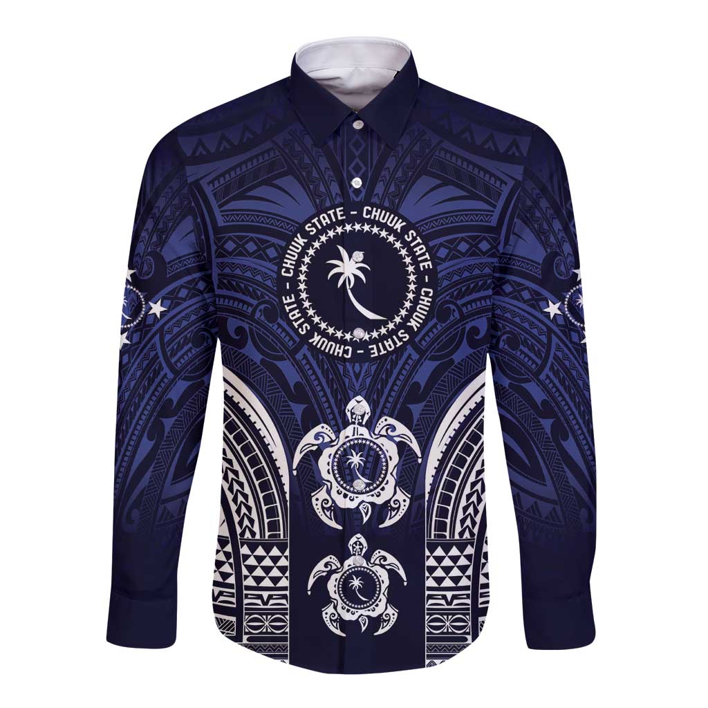 FSM Chuuk States Long Sleeve Button Shirt Micronesia Six 9 One Polynesian Tribal Pattern LT9 Unisex Blue - Polynesian Pride