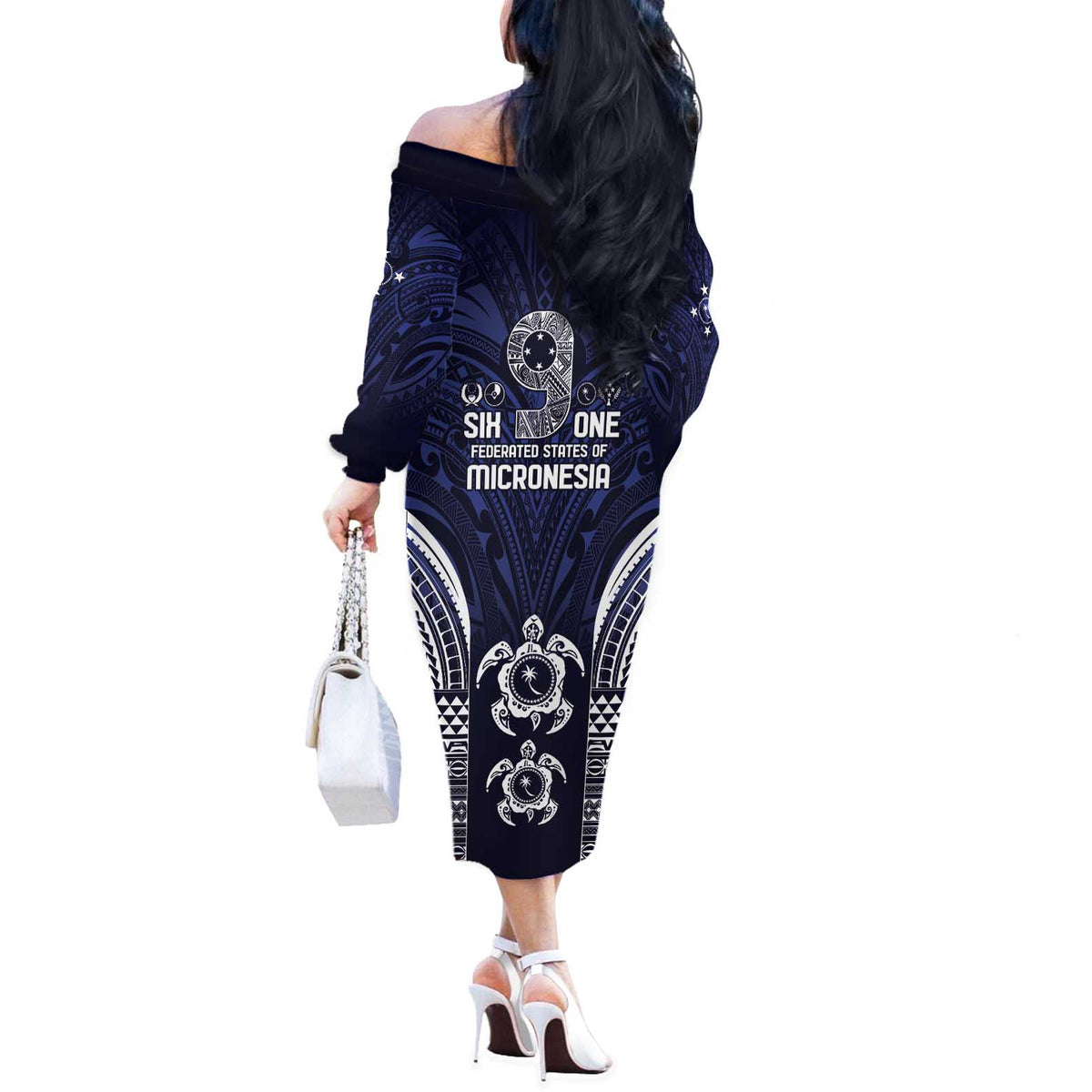 FSM Chuuk States Off The Shoulder Long Sleeve Dress Micronesia Six 9 One Polynesian Tribal Pattern