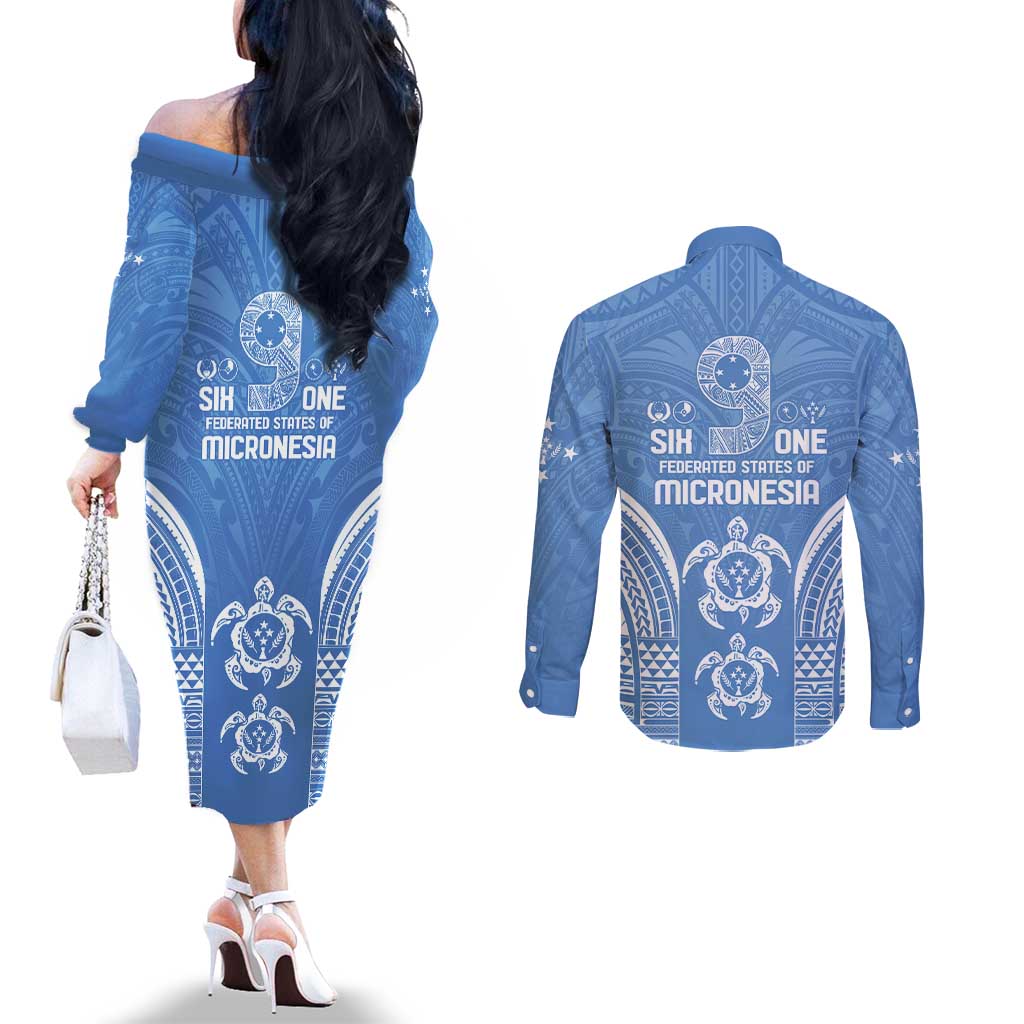 FSM Kosrae States Couples Matching Off The Shoulder Long Sleeve Dress and Long Sleeve Button Shirt Micronesia Six 9 One Polynesian Tribal Pattern