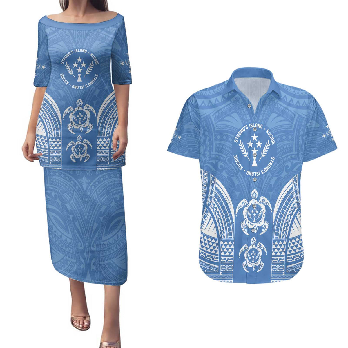 FSM Kosrae States Couples Matching Puletasi and Hawaiian Shirt Micronesia Six 9 One Polynesian Tribal Pattern