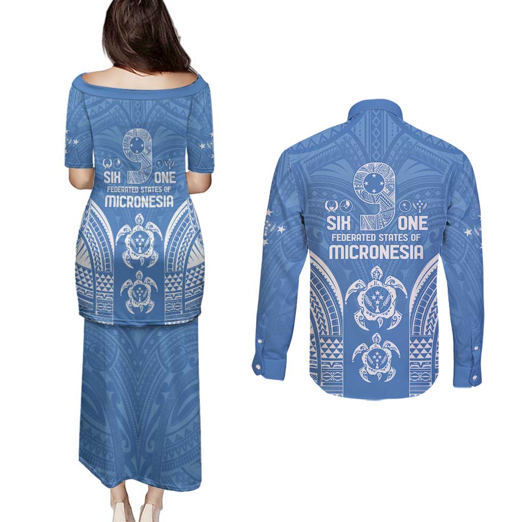 FSM Kosrae States Couples Matching Puletasi and Long Sleeve Button Shirt Micronesia Six 9 One Polynesian Tribal Pattern
