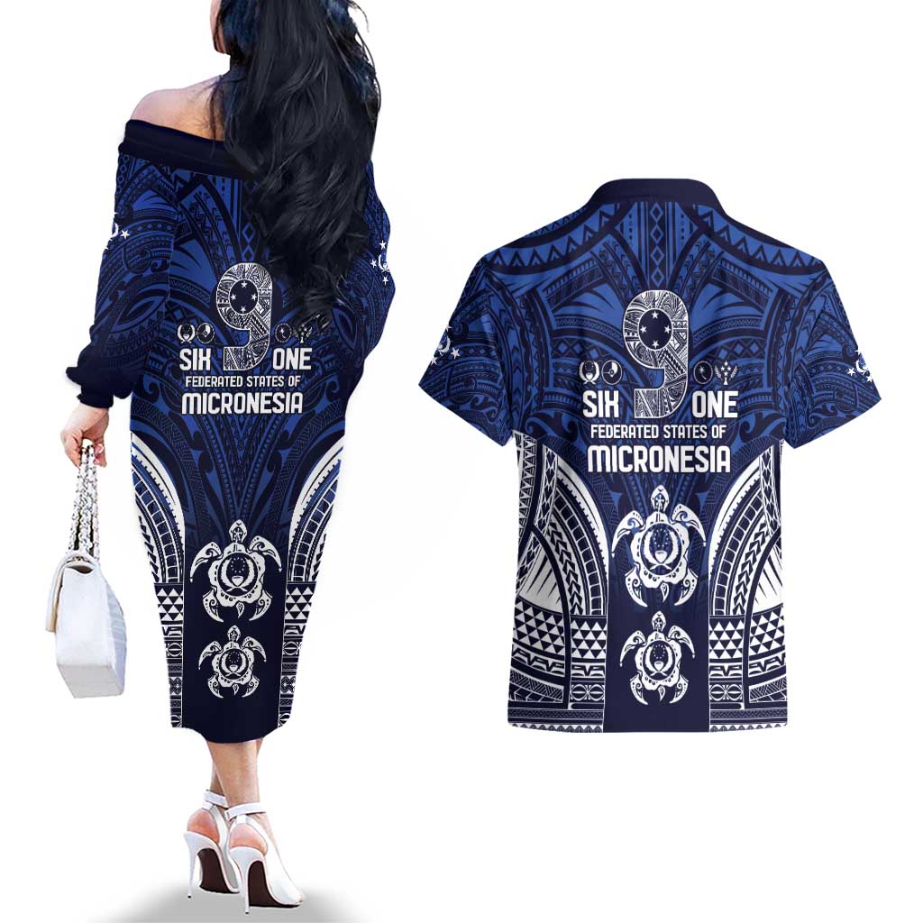 FSM Pohnpei States Couples Matching Off The Shoulder Long Sleeve Dress and Hawaiian Shirt Micronesia Six 9 One Polynesian Tribal Pattern