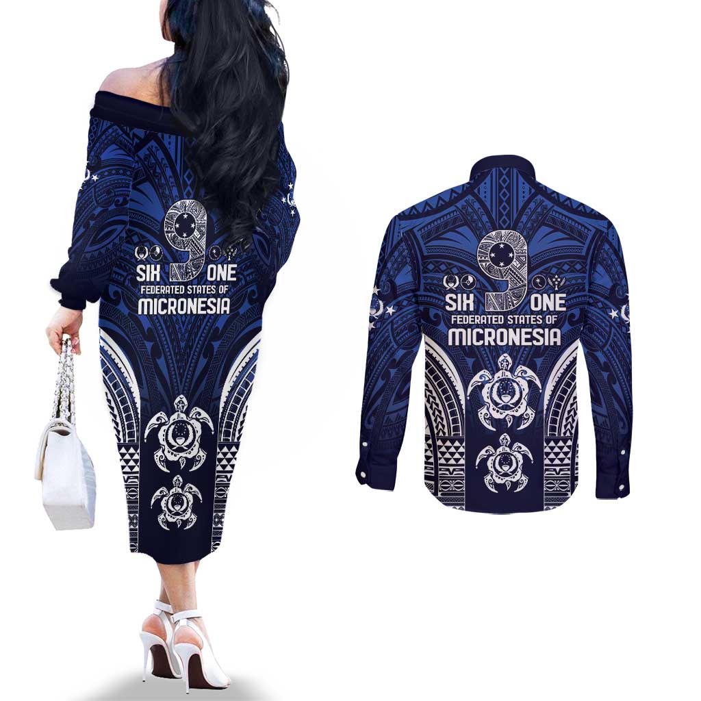 FSM Pohnpei States Couples Matching Off The Shoulder Long Sleeve Dress and Long Sleeve Button Shirt Micronesia Six 9 One Polynesian Tribal Pattern