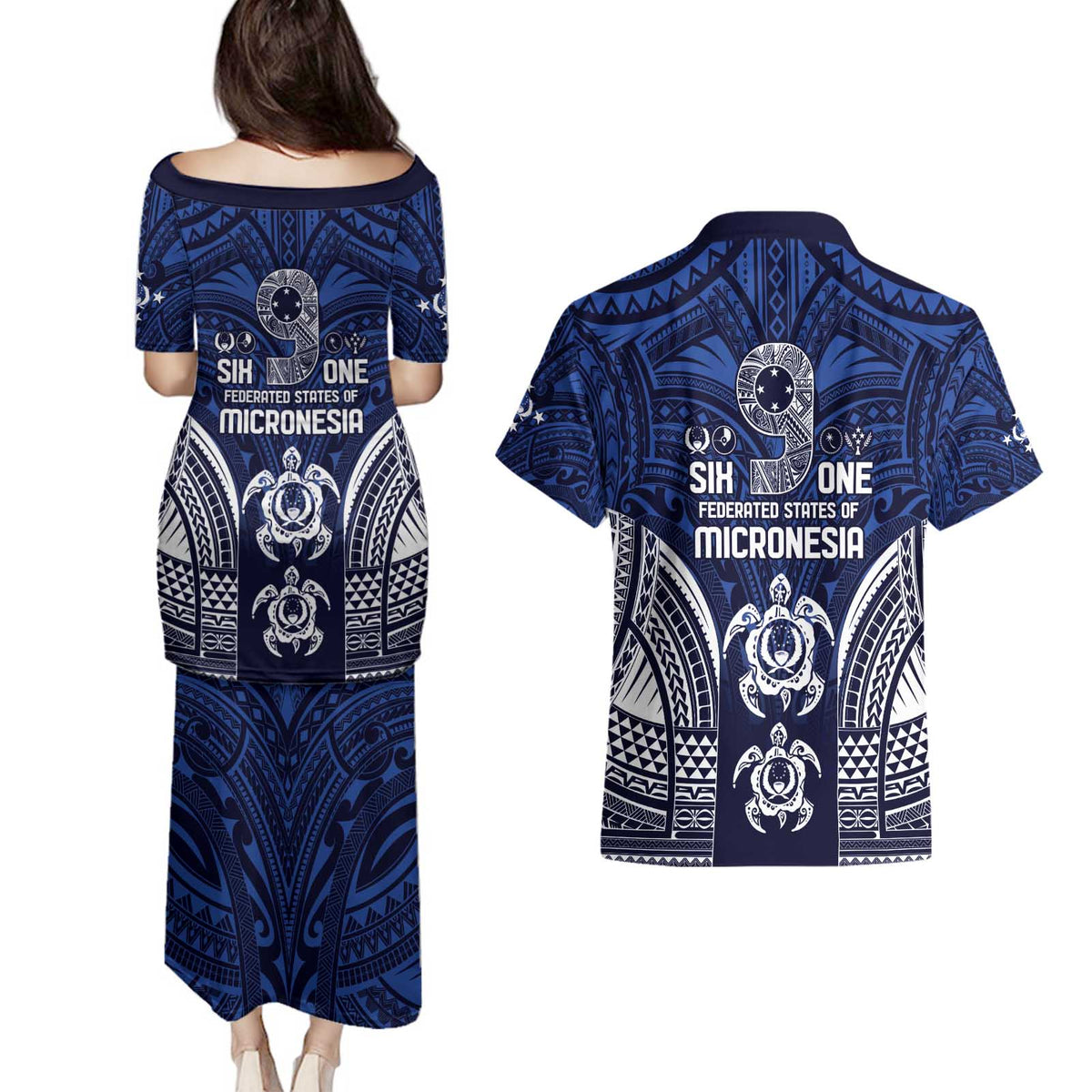 FSM Pohnpei States Couples Matching Puletasi and Hawaiian Shirt Micronesia Six 9 One Polynesian Tribal Pattern LT9 - Polynesian Pride