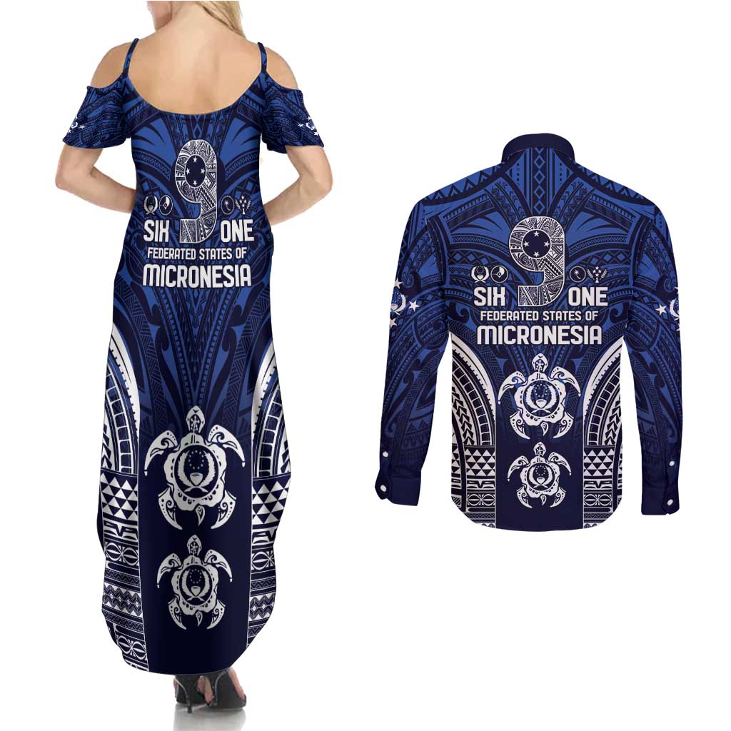 FSM Pohnpei States Couples Matching Summer Maxi Dress and Long Sleeve Button Shirt Micronesia Six 9 One Polynesian Tribal Pattern