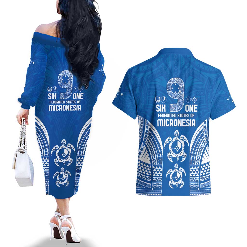 FSM Yap States Couples Matching Off The Shoulder Long Sleeve Dress and Hawaiian Shirt Micronesia Six 9 One Polynesian Tribal Pattern