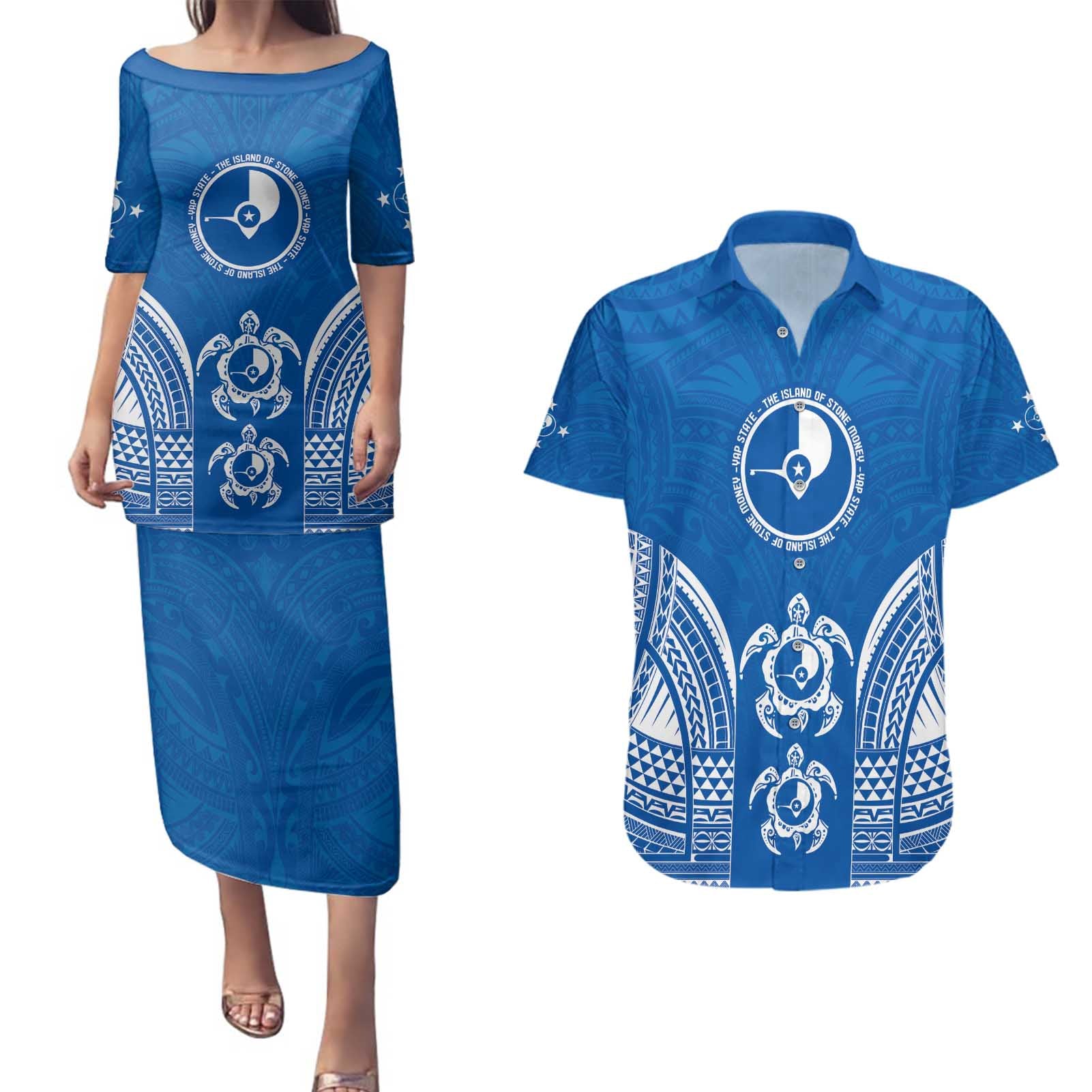 FSM Yap States Couples Matching Puletasi and Hawaiian Shirt Micronesia Six 9 One Polynesian Tribal Pattern