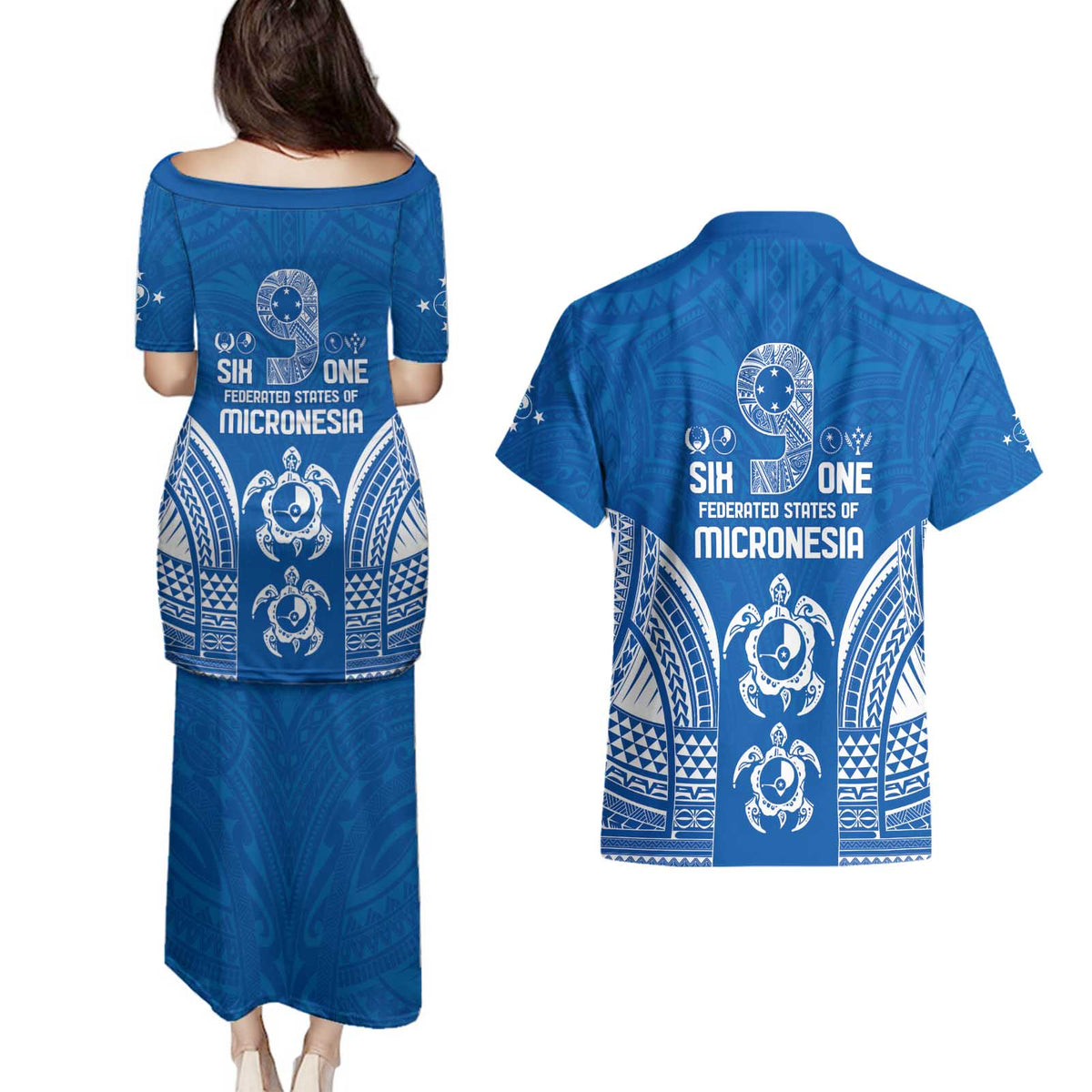 FSM Yap States Couples Matching Puletasi and Hawaiian Shirt Micronesia Six 9 One Polynesian Tribal Pattern
