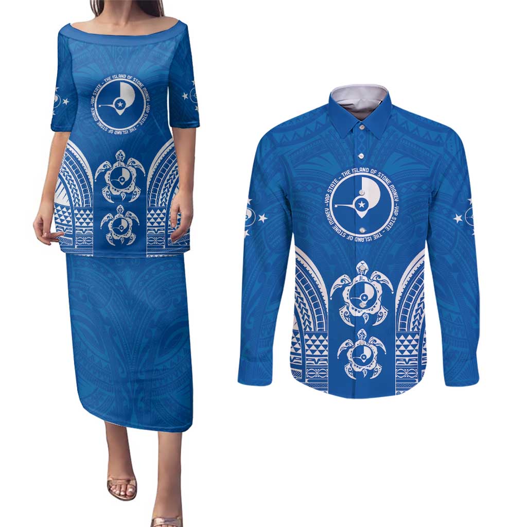 FSM Yap States Couples Matching Puletasi and Long Sleeve Button Shirt Micronesia Six 9 One Polynesian Tribal Pattern