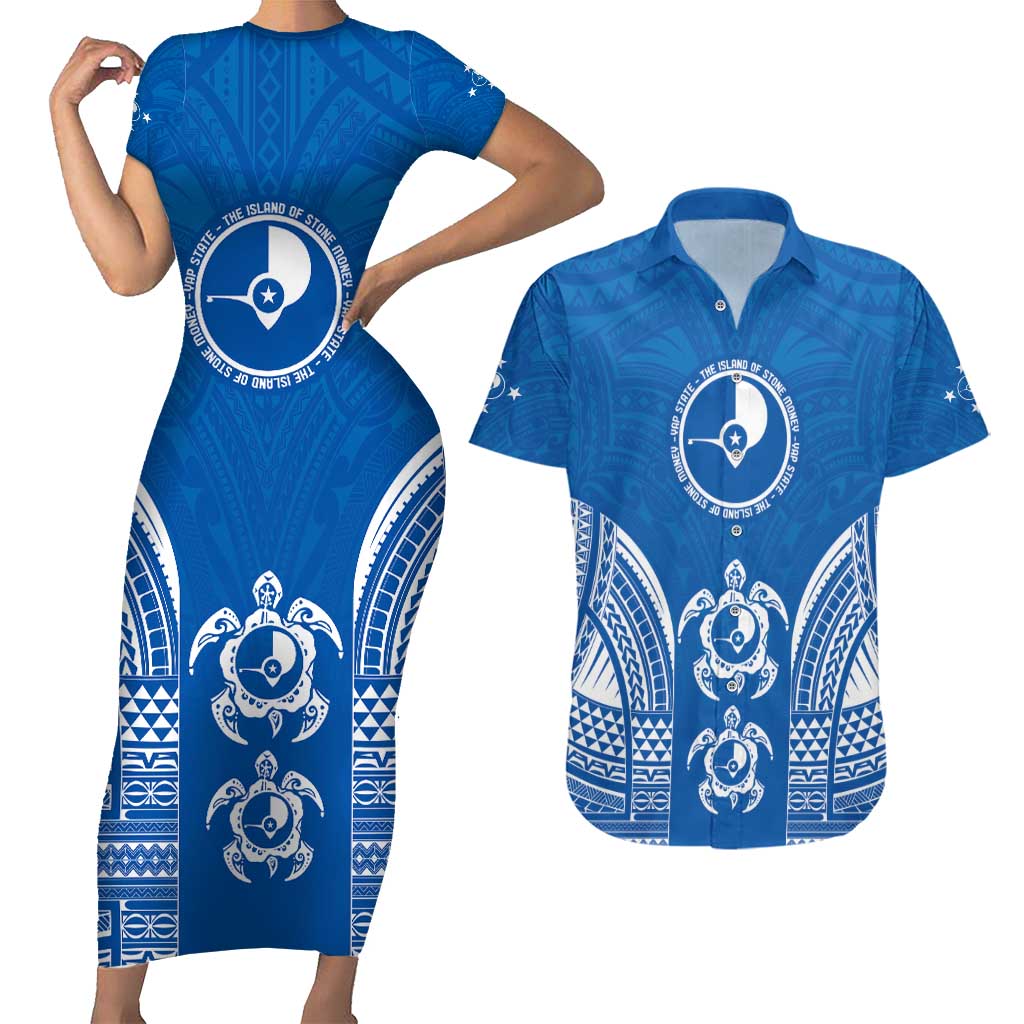FSM Yap States Couples Matching Short Sleeve Bodycon Dress and Hawaiian Shirt Micronesia Six 9 One Polynesian Tribal Pattern